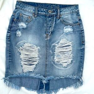 Sexy, ripped mini denim skirt- size small